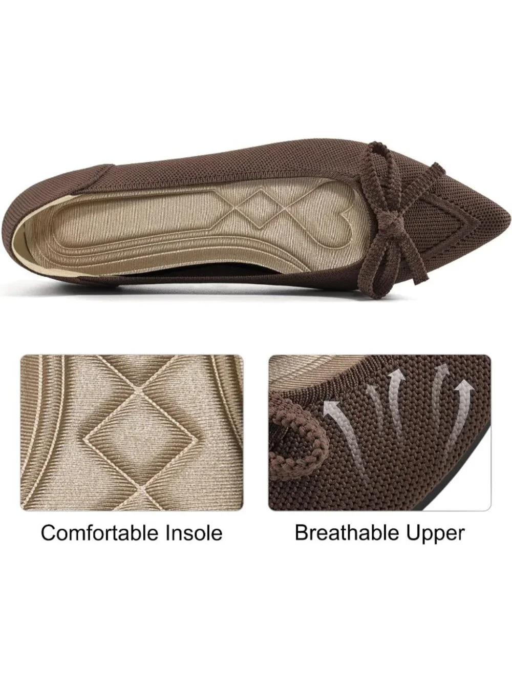 Women's Brown Ballet Flats Shoes Dressy Pointed Toe Bow Knit Flats Comfortable
